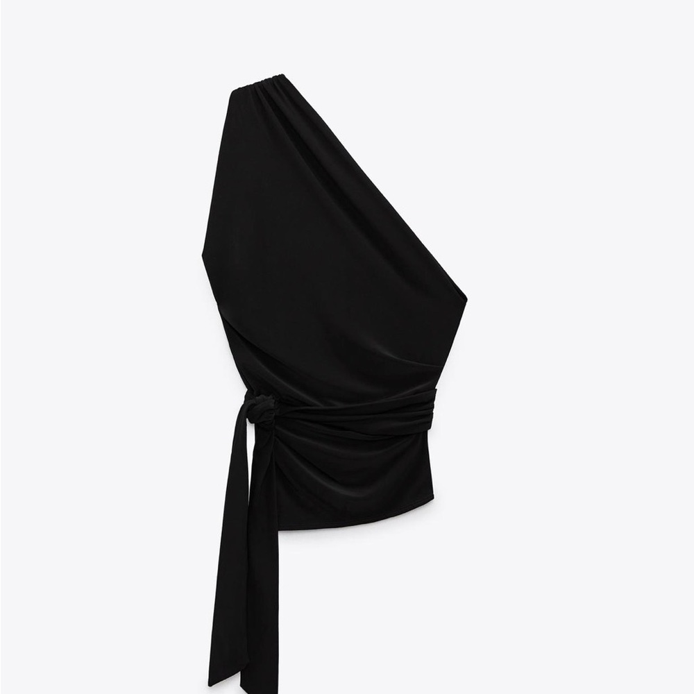 Zara Asymmetric Tie One-Shoulder Top Black size M
